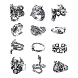 FINREZIO Diverse 12 Pcs Black Silvery Snake Frog Punk Rings for Men Women Alloy Trendy Rings Vintage Dragon Cross Open Gothic Rings Set Adjustable Jewelry Set
