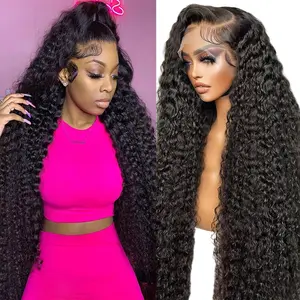 Pinkiris 13x6 Deep Wave Lace Front Wigs Human Hair 200% Density Curly Human Hair Wig for Black Women Natural Black HD Transparent Lace Glueless Frontal Wigs Human Hair Pre Plucked