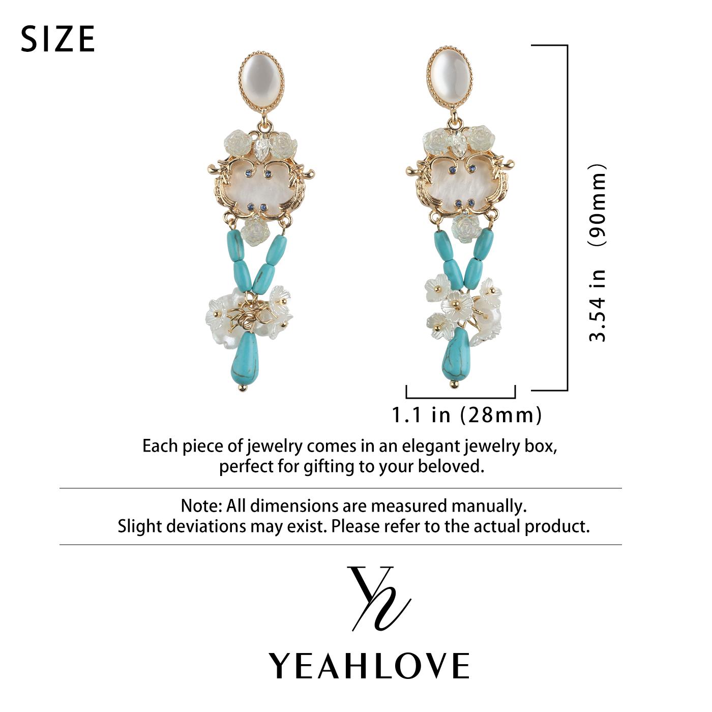 YEAHLOVE Boho Turquoise & Mother-of-Pearl Floral Drop Earrings  925 sterling silver posts — hypoallergenic, sensitive ears friendly. Vintage romantic statement style. Perfect for daily wear, parties, or gifting.