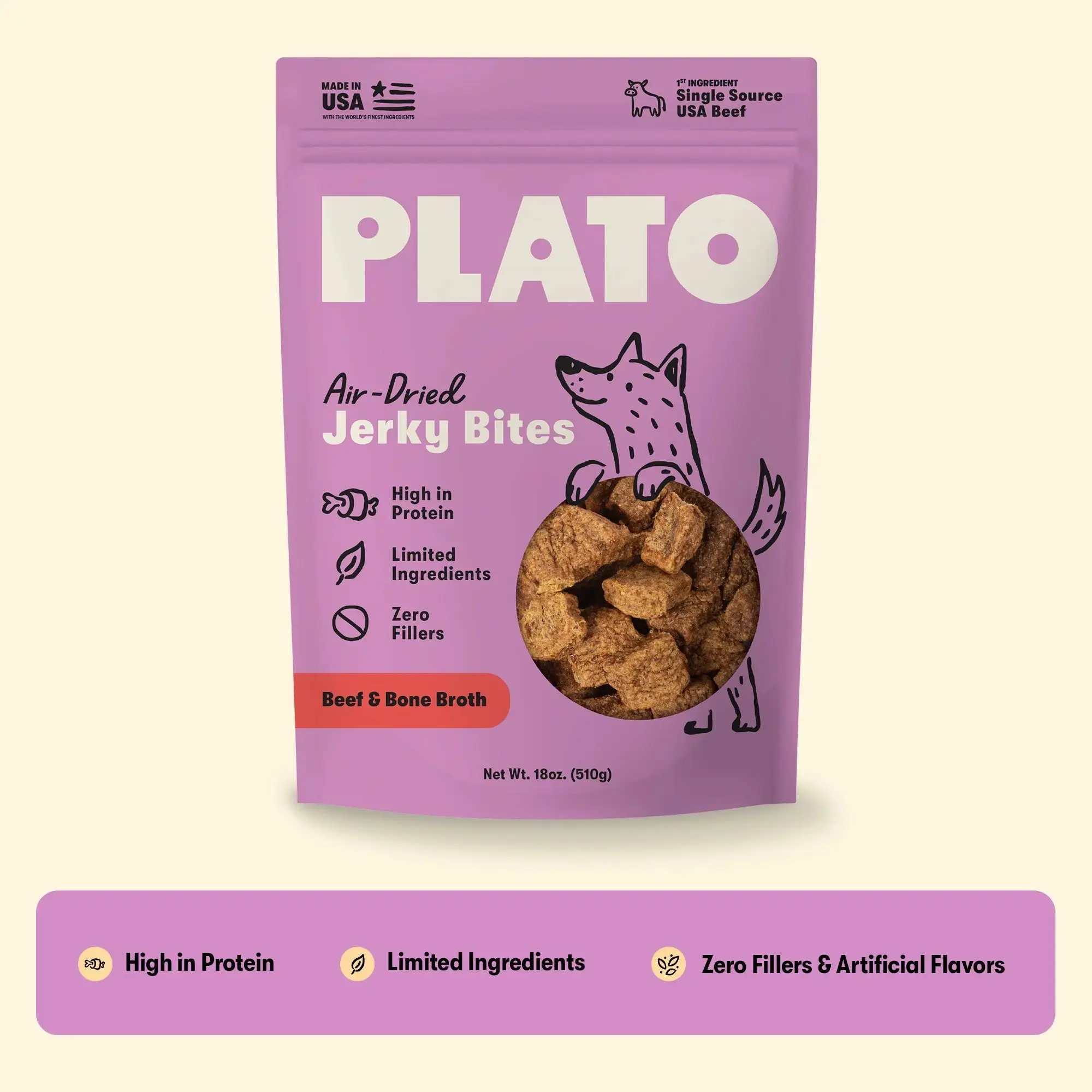 Plato Bagged Packaging Bone Broth-Infused Grain-Free Beef Jerky Bites for Dogs, High-Protein Nutrient-Rich Treats, Wholesome Ingredients, No Artificial Flavors, No Fillers, Made for US Pet Owners, Bagged Packaging Jerky