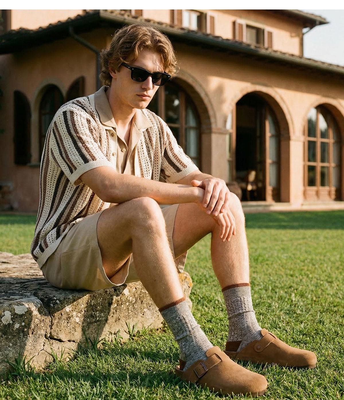 FITORY Breathe I | Men’s Suede Leather Clogs, Cork Footbed, Adjustable Strap, Round-Toe (US 7–14)【Check Measurements Carefully】