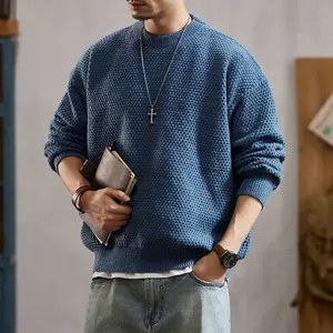 Men's Solid Color Vintage Pineapple Pattern Coarse Wool Crew Neck Pullover Sweater, Exquisitely Simple and Stylish Men's Knitwear Base Shirt, Suitable for Autumn and Winter Daily Wear, College Style Elegant Outfit, Perfect Gift for Men