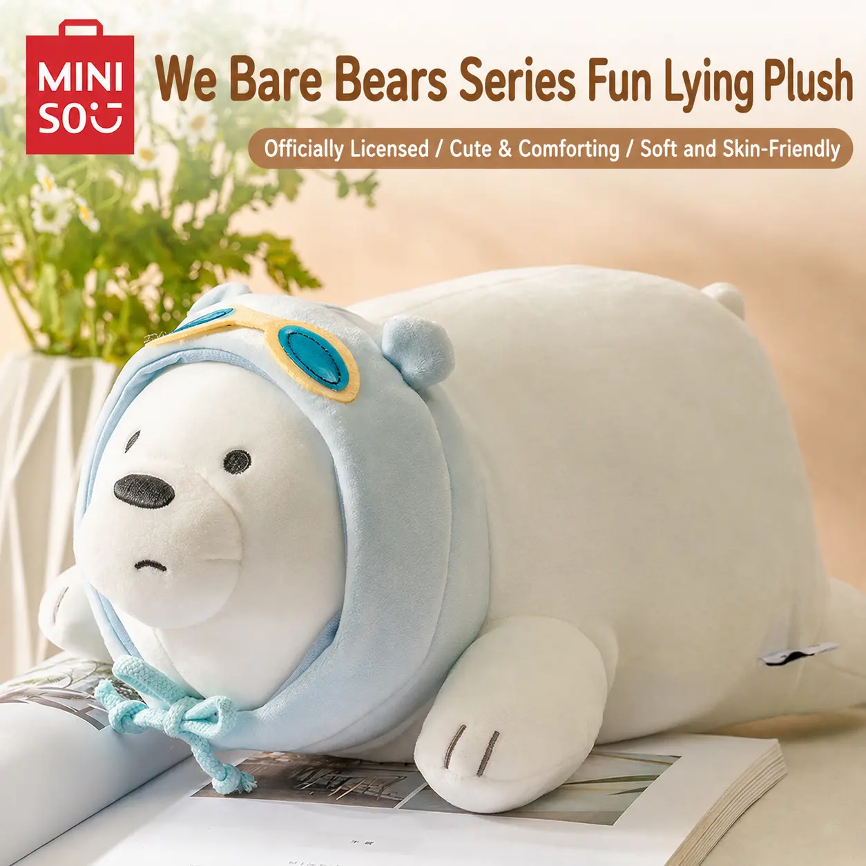 MINISO We Bare Bears White Bear Stuffed Toy - 38x19x17cm Durable Soft Fluffy Polyester Fiber Pillow Toy, Cute Stuffed Animals with 3D Ears, Kids' Gift, Bedroom Decoration (Avoid High Temperature), School Gift Ready, Stuffed Toys