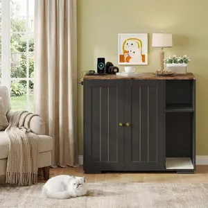 Large Litter Box Robot Enclosure Cabinet for Cats, Dog-Proof Litter Furniture with Protective Shelf and Built-in Power Outlet, Fits Most Self-Cleaning Litter Boxes, Black