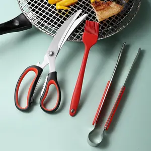 3-Piece Stainless Steel BBQ Scissors Set, Ergonomic Handle, Curved Blade Kitchen Shears, Easy Meat Cutting, Durable Food Prep Tool