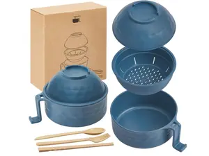 1 Set Microwave Ramen Cooker 33oz Wheat Straw Microwave Noodle Bowl Set with Chopsticks, Spoon Fork College Dorm Office Apartment Essentials Dark Blue