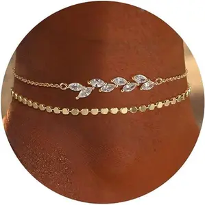 Foxgirl Layered Leaf Anklets Waterproof Bracelets for Women CZ Dot Link Anklets Set Dainty Cute Adjustable Anklet Bracelets for Women Jewelry Gift