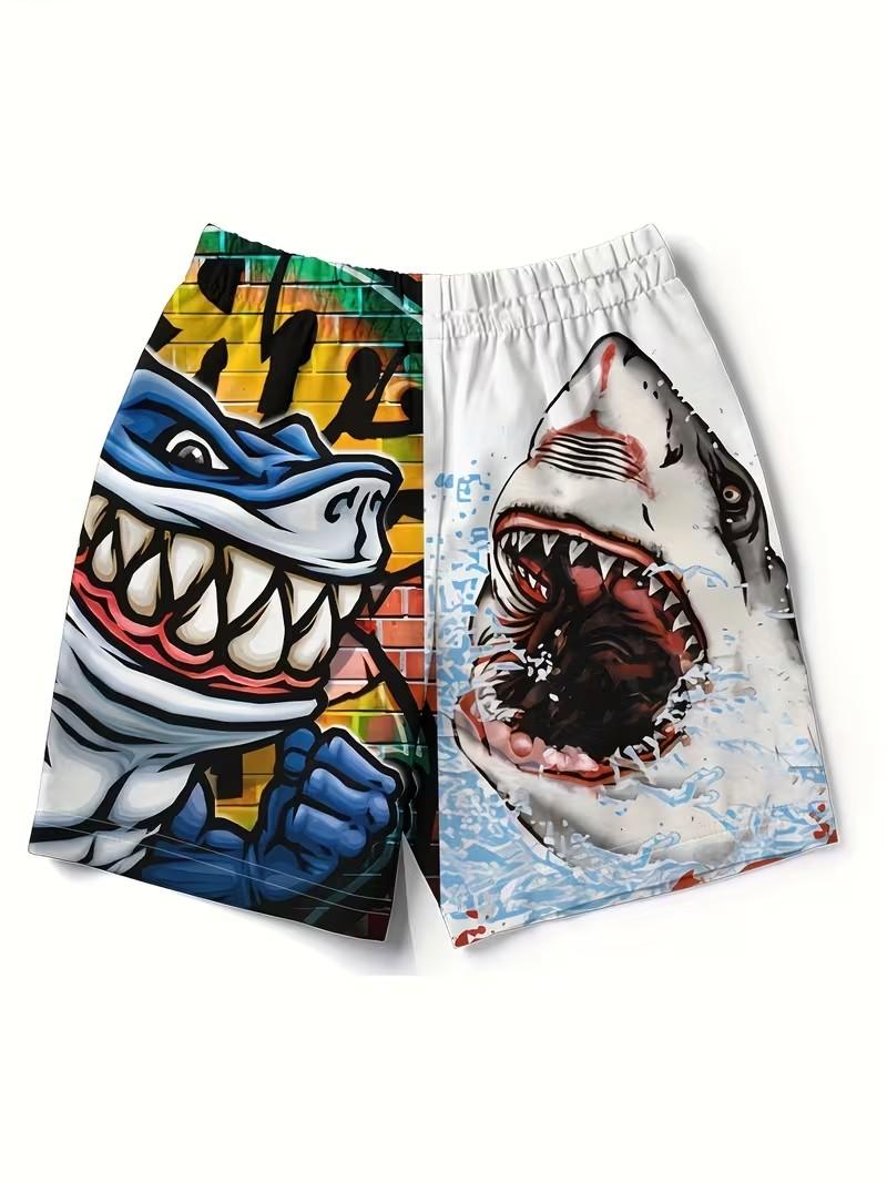 Men'S Beach Shorts Featuring a 3D Shark Pattern Made from Casual Polyester with a Drawstring Waist Shark Head Pattern Beach Shorts