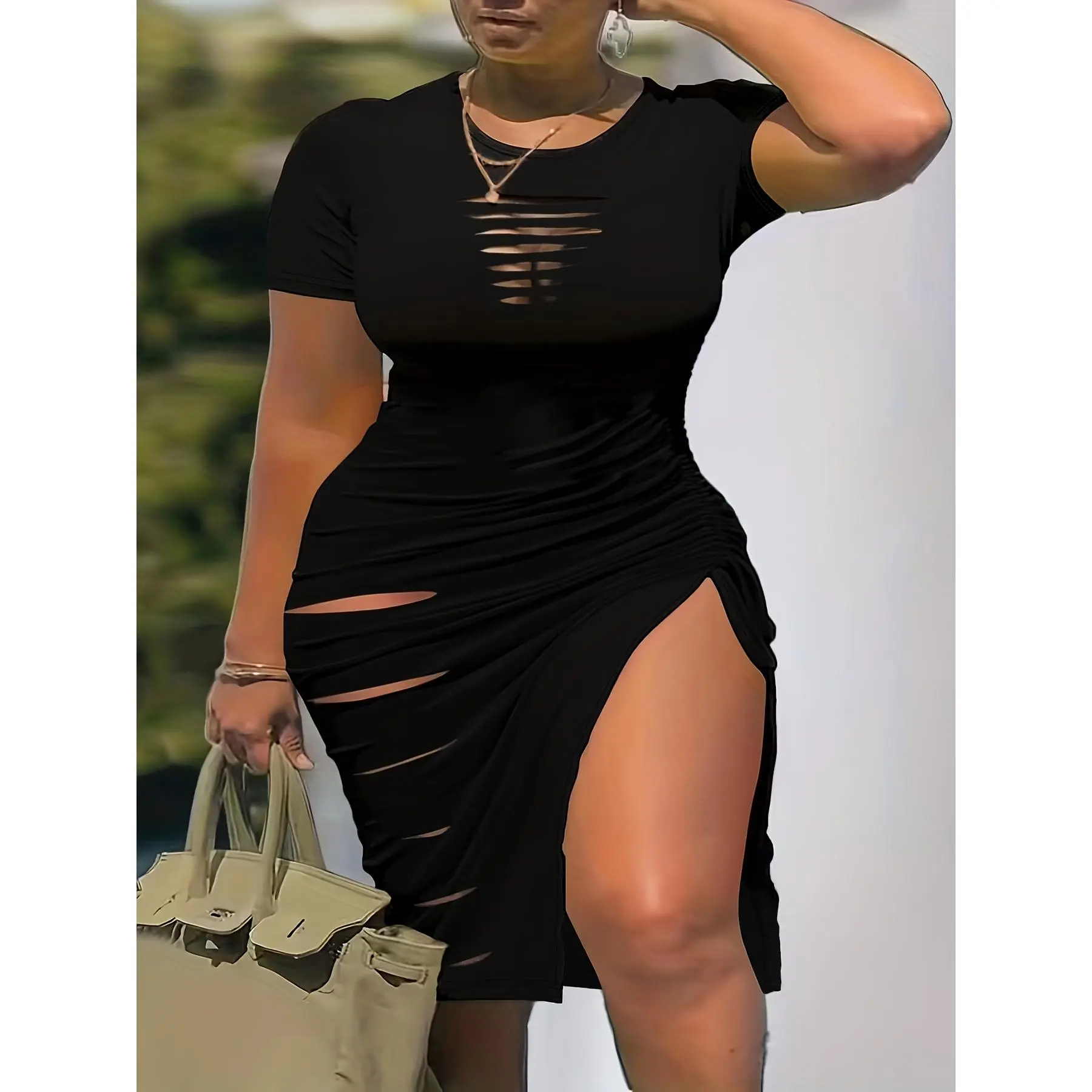 Plus Size Sexy Dress, Women's Plus Cut Out Short Sleeve Round Neck Side  Split Ruched Dress - TikTok Shop