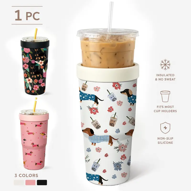1 PC Dachshund Floral Boba Print 2-in-1 Insulated Can Cooler, Includes Tumbler Lid, Converts to Travel Tumbler, Double Wall Stainless Steel, Fits Most 16-24oz To-Go Coffee & Bubble Tea Cups, Perfect for Christmas & Daily Use, Reusable Insulated Tumbler