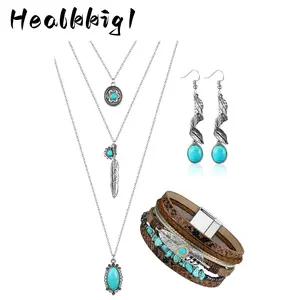 6pcs mian Jewelry Set for Women - Turquoise & Black Western Style Dangle Earrings, Layered Necklace & Bracelet with Feather-like Charms
