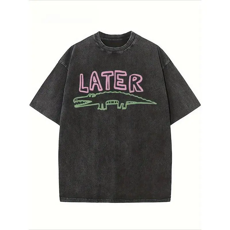 Men's Vintage Washed Oversized Crocodile Graphic T-Shirt - Classic Breathable Short-Sleeve Apparel, Pink Letter & Green Croc Print, Black Acid Wash Casual Streetwear Tops, Shortsleeve, Cotton, Seamless, Fabric, Menswear, Soft