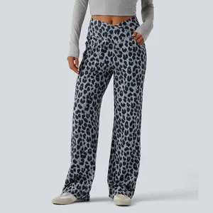 Halara High Waisted Crossover Wide Leg Leopard Print Waffle Casual Pants with Pockets