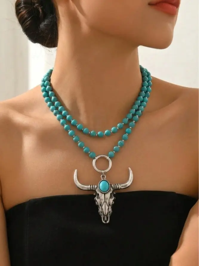 Vintage Beaded Necklace for Women – Double-Layer Boho Bull Skull , Long Statement Jewelry