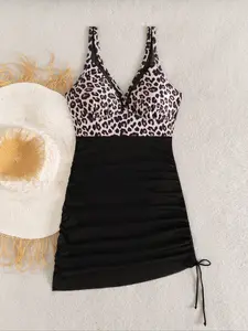 Women's One-Piece Swimsuit Mesh Leopard Print, Side Drawstring Skirted Swimwear, Slim Fit Summer Bathing Suit, Sexy Bodycon Monokini