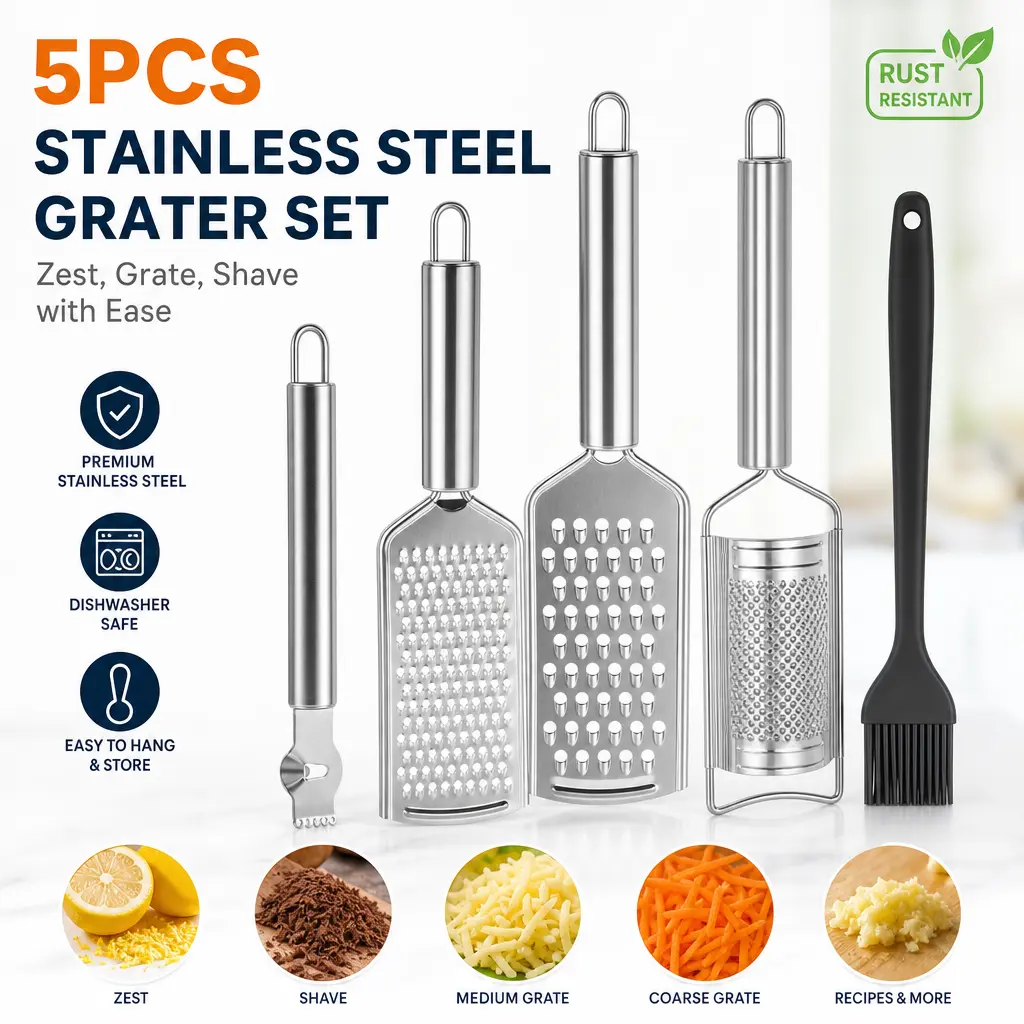 5pcs Durable Rustproof Stainless Steel Kitchen Tool Set for Kitchen Enthusiasts - Multi-Use Tools with Graters, Lemon Zester, Peeler, Slicer, Cleaning Brush - Dishwasher-Safe, Easy to Clean, Easy to Hang & Store - Ideal for Home Use, Party Supplies