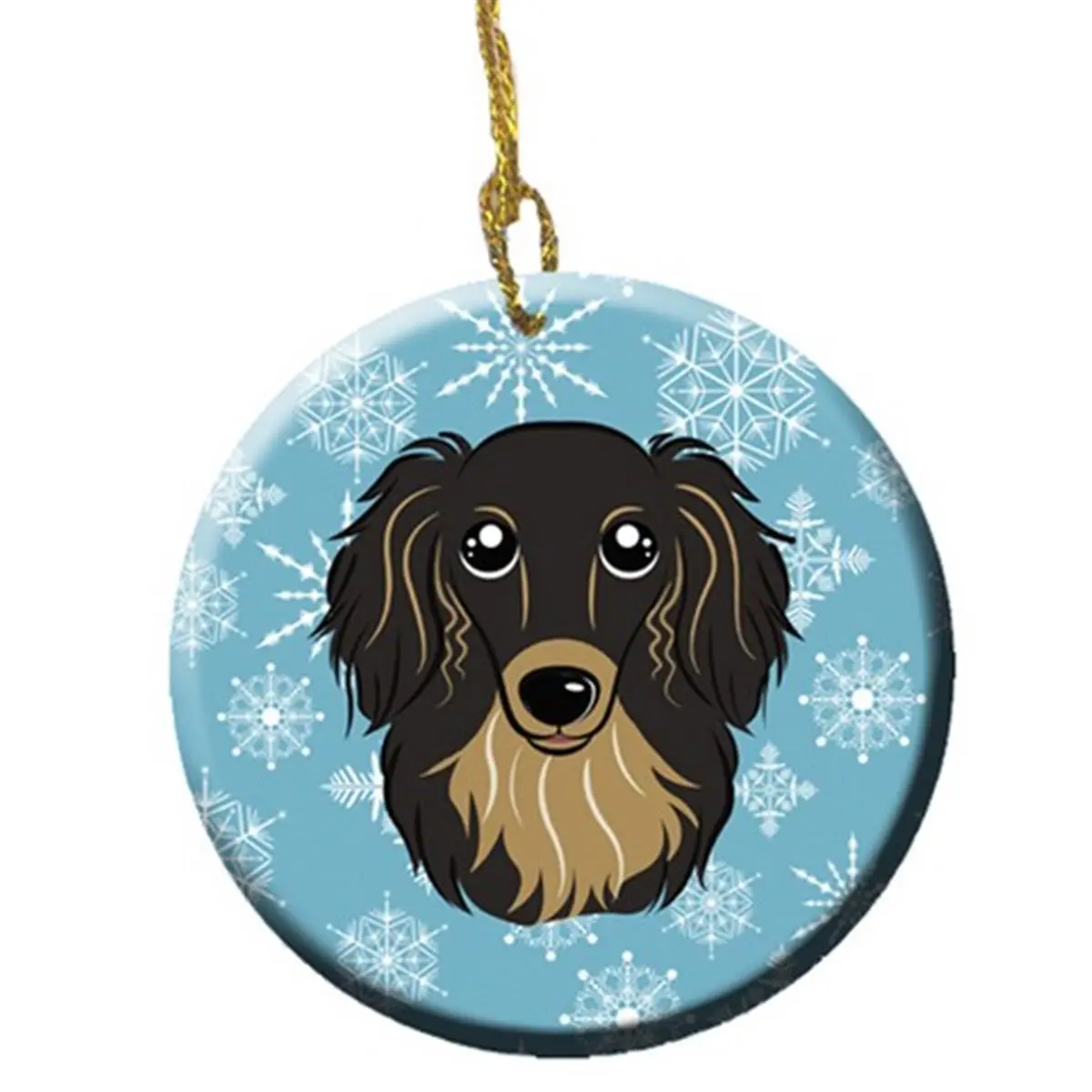 Snowflake Longhair Black And Tan Dachshund Ceramic Ornament