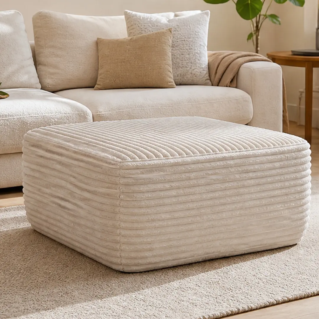 Plush Beige Fabric Ottoman Footstool - Modern, All-Season Living Room Accent Stool with Foam-Spring Cushion, 29.13W x 37.01D x 16.54H in, Casual Stylish Design, Single Box, 26.00 lb Weight, Fabric/Foam-Spring Material, Furniture Ottoman, Modern Footstool,