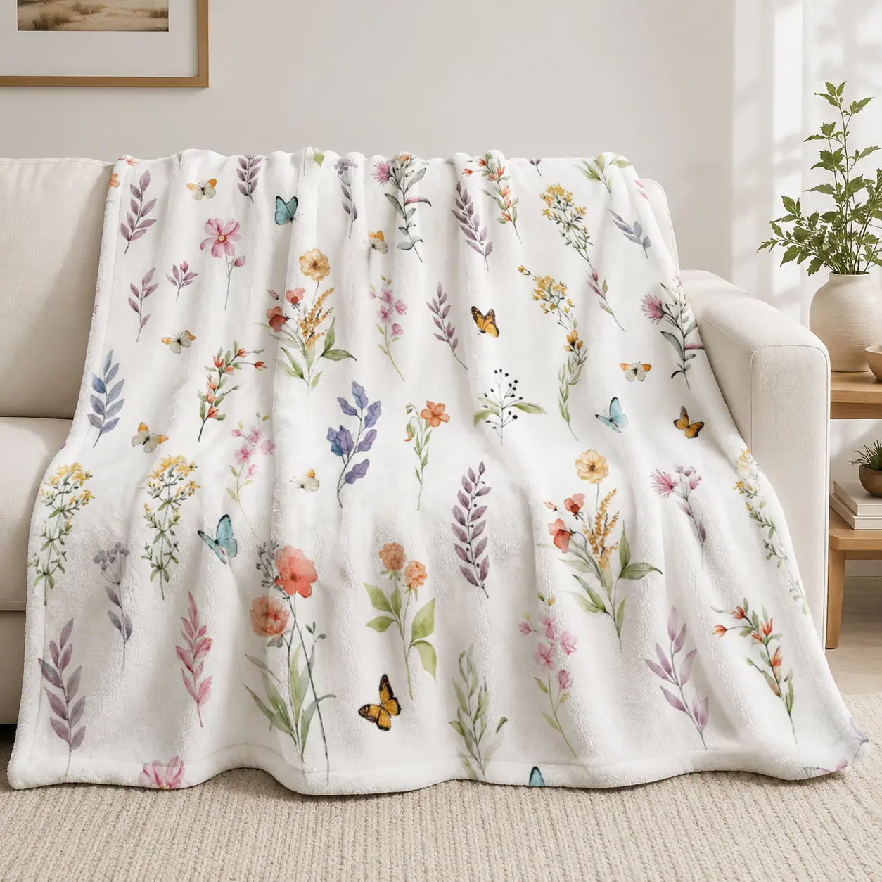 Watercolor Wildflower Butterfly Soft Cozy Flannel Blanket, Vintage Botanical Floral Warm Fuzzy Plush Throw, Perfect Birthday Gift for Flower Butterfly Lovers Women Girls Cottagecore Bedroom Sofa Home Decor