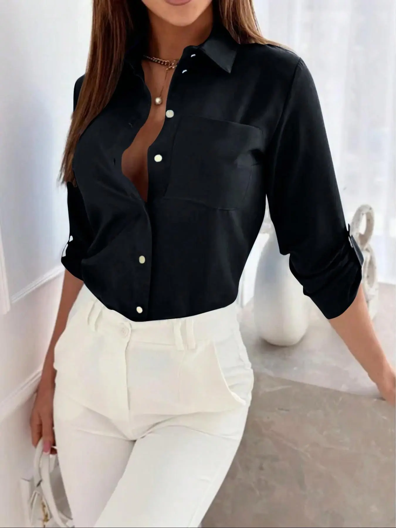 Women's Basic Plain Fitted Button Front Shirt Blouse, Elegant Long Sleeve Collared Top for Spring & Fall, Ladies Clothes for Work Office Business