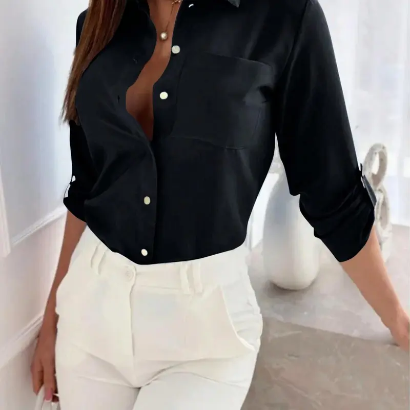 Women's Basic Plain Fitted Button Front Shirt Blouse, Elegant Long Sleeve Collared Top for Spring & Fall, Ladies Clothes for Work Office Business
