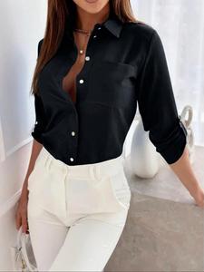 women's plain button front shirt, elegant basic long sleeve collared top for spring & fall, ladies clothes for work office business