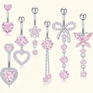 Women's 7PCS 14G Surgical Steel Hypoallergenic Belly Button Rings Set, Rhinestone Bow, Heart, Butterfly, Flower Designs, Pink Dangle Body Jewelry for Christmas, Graduation Gifts, Flowers