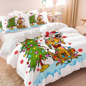 Christmas Theme Duvet Cover Set, Includes One Fitted Sheet and Pillowcases, Funny Dog and Christmas Tree Design, Decorative Duvet Cover, Comfortable Bedding, Suitable for Bedroom and Dorm Decor or Gift Giving
