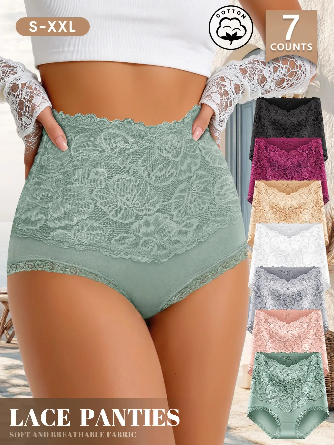 [Soft Cotton] Morelect High-Waisted Lace Breathable Underwear Panties Set, 7-Pack, Ditsy Floral Pattern, Fitted Sexy Style, All Seasons Comfort