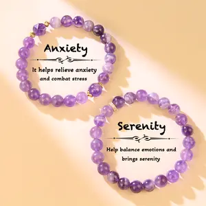 Amethyst Charm Bracelet Jewelry Set for Women Healing Crystal Energy Gemstone Beaded Bracelet Gift, Relief Anxiety Stress Relief Brings Serenity