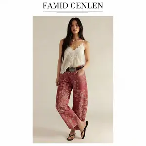 Women's Printed Wide-Leg Jeans  Loose Mid-Rise Jeans in Soft Pink with Boho Floral Pattern Casual Denim Trousers