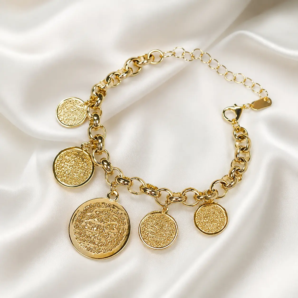Gold Color Charm Bracelet with Five Round Charms and Chain Design for Women's Fashion Accessory