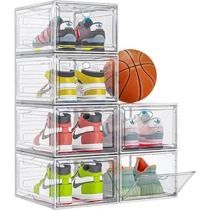 Clear Shoe Storage Organizer with Magnetic Door, Stackable Boxes for Closet, Foldable Space-Saving Shoe Rack for Sneaker Boot Container, Plastic Shoe Box 6 Pack, White