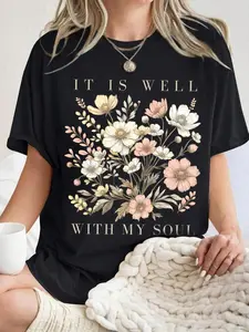 Women's "It Is Well With My Soul" Faith T-Shirt | Vintage Casual Floral Print Oversized Short Sleeve Tee