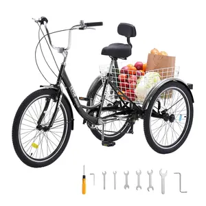 VEVOR Adult Tricycles Bike, 7 Speed Adult Trikes, 24 Inch Three-Wheeled Bicycles, Carbon Steel Cruiser Bike with Basket and Adjustable Seat, Picnic Shopping Tricycles for Seniors, Women, Men  (Black)