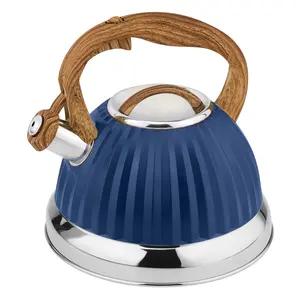 Lorren Home Trends Modern Stovetop Tea Kettle with Wooden Look Handle Navy Blue Stainless Steel 3L 12 Cups Whistling Spout Induction Compatible