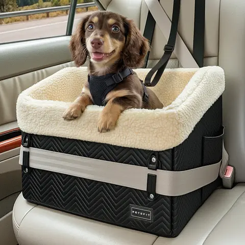 PETSFIT Dog Booster Car Seat for Small-Medium Dogs Up to 30 lbs, Waterproof PU Leather & Oxford, Patented Safe Buckle, Comfortable Detachable Washable Cushion, 2 Pocket Storage, Detachable Leash, Convenient Folding & Storage Design (Black)