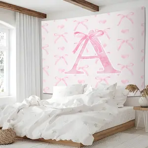 Coquette Aesthetic Letter Tapestry Wall Hanging, Pink Bow & Heart Printed Tapestries, Minimalist Cute Girly Wall Decor Tapestry for Bedroom Dorm Living Room