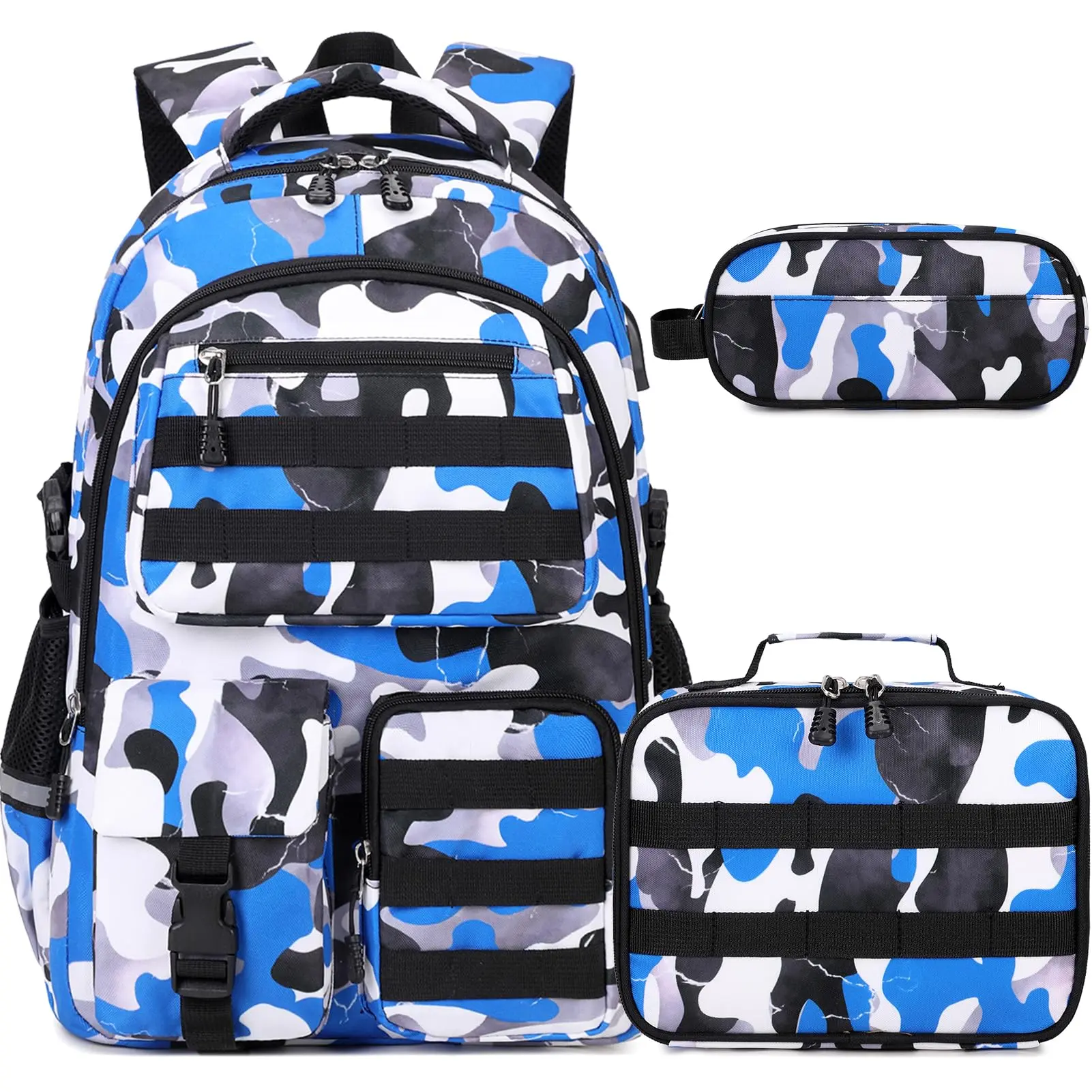Similove 3/4PCS Camo Backpack for Boys, Tactical Boy Backpacks with Insulated Water Bottle/Sling Bag, USB Charging P Military Army SchoolBags for Boy Teens Kids Elementaryort Middle High School