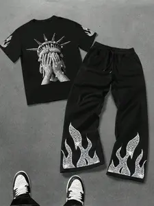Men's Fashion Casual Two-Piece Set, Soft Comfortable Flame Graphic Animal Print Round Neck T-Shirt and Drawstring Wide Leg Pants