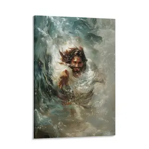 Jesus Walking Through Storm Waves  Wall Art, Ocean Spiritual Painting Print, Christian Coastal Room Decor, Dramatic Water Texture Artwork for Living Room Bedroom Office, Modern Faith-Inspired  Poster canvas