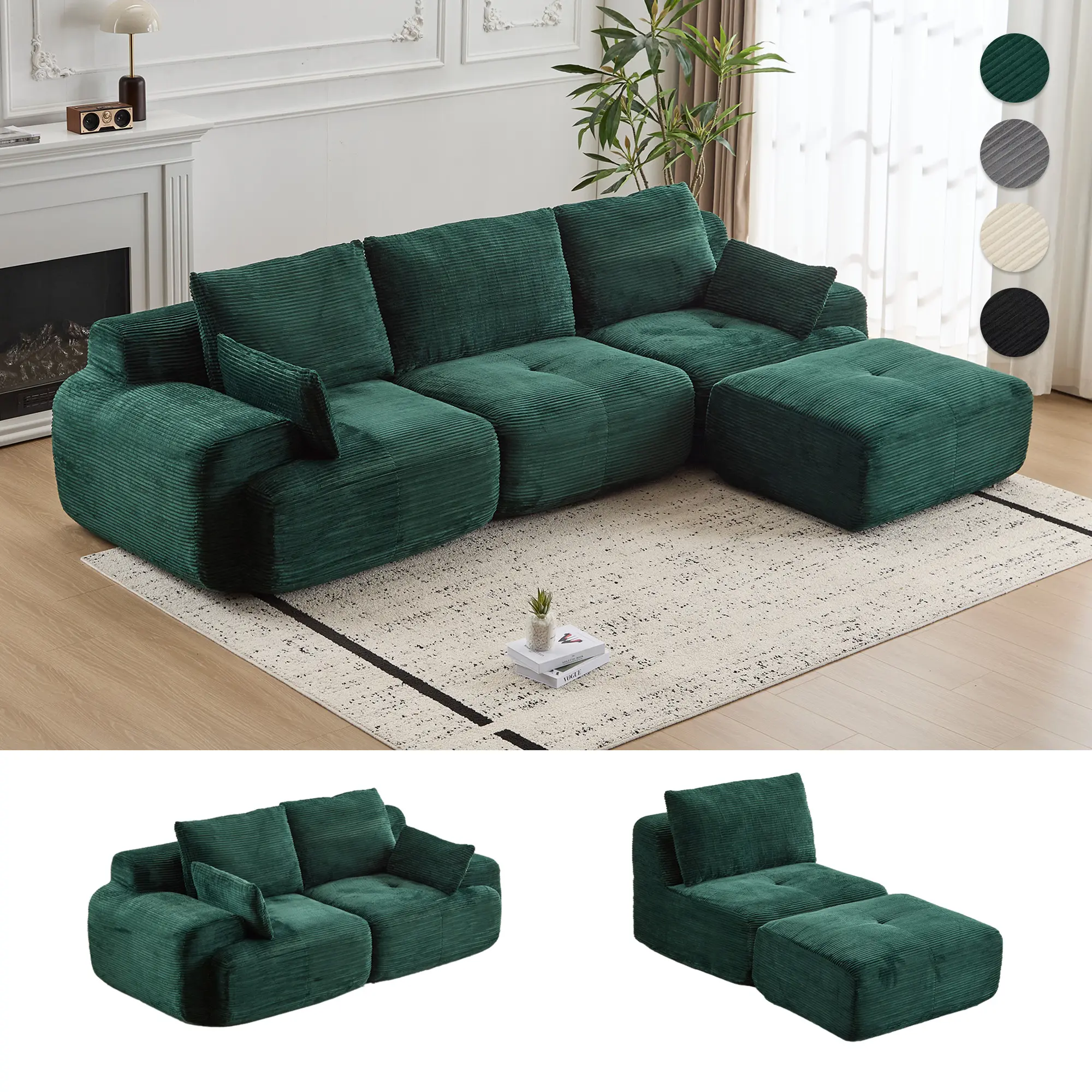 SOUTTEE 114" Modern Upholstered Cloud Modular Sectional Sofa - Pet-Friendly Corduroy Fabric, Extra-Deep Seat, High-Density Foam, Individual Springs, No Assembly Needed for Living Room, Modern Sectional Sofa, Upholstered Sectional Sofa