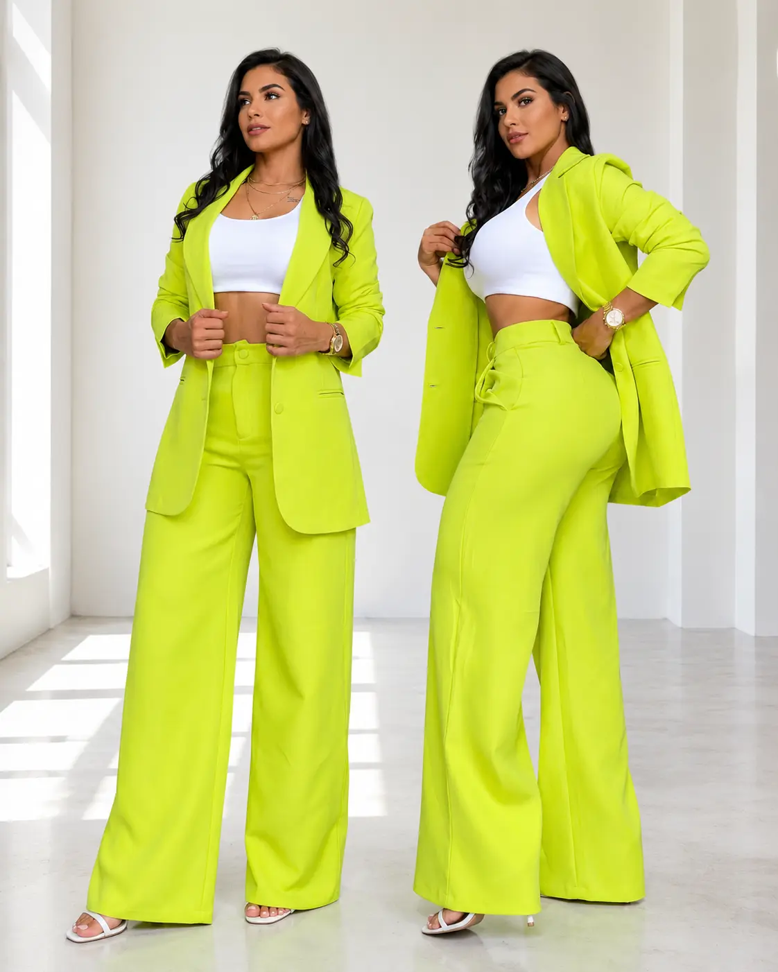 Women's Fashion 2-Piece Suit Set - Elegant Solid Neon Green Split Long Sleeve Blazer Jacket with Pockets and Matching Straight Leg Pants Formal Casual Suit Fitted