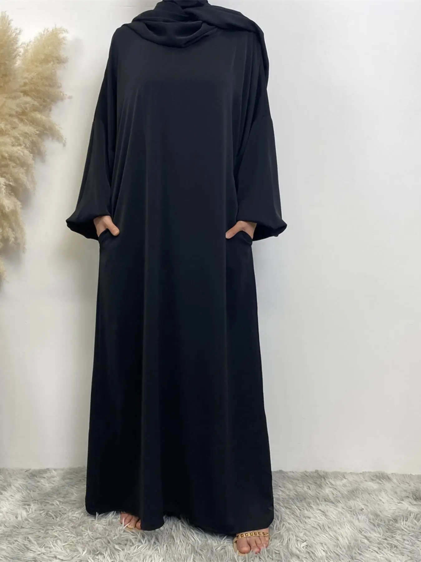 Arabic Clothing-Lantern Sleeve Round Neck Arabian Dress with Hijab, Casual Long Sleeve Pocket Long Dress for Spring & Fall, Women's Islamic Clothing f