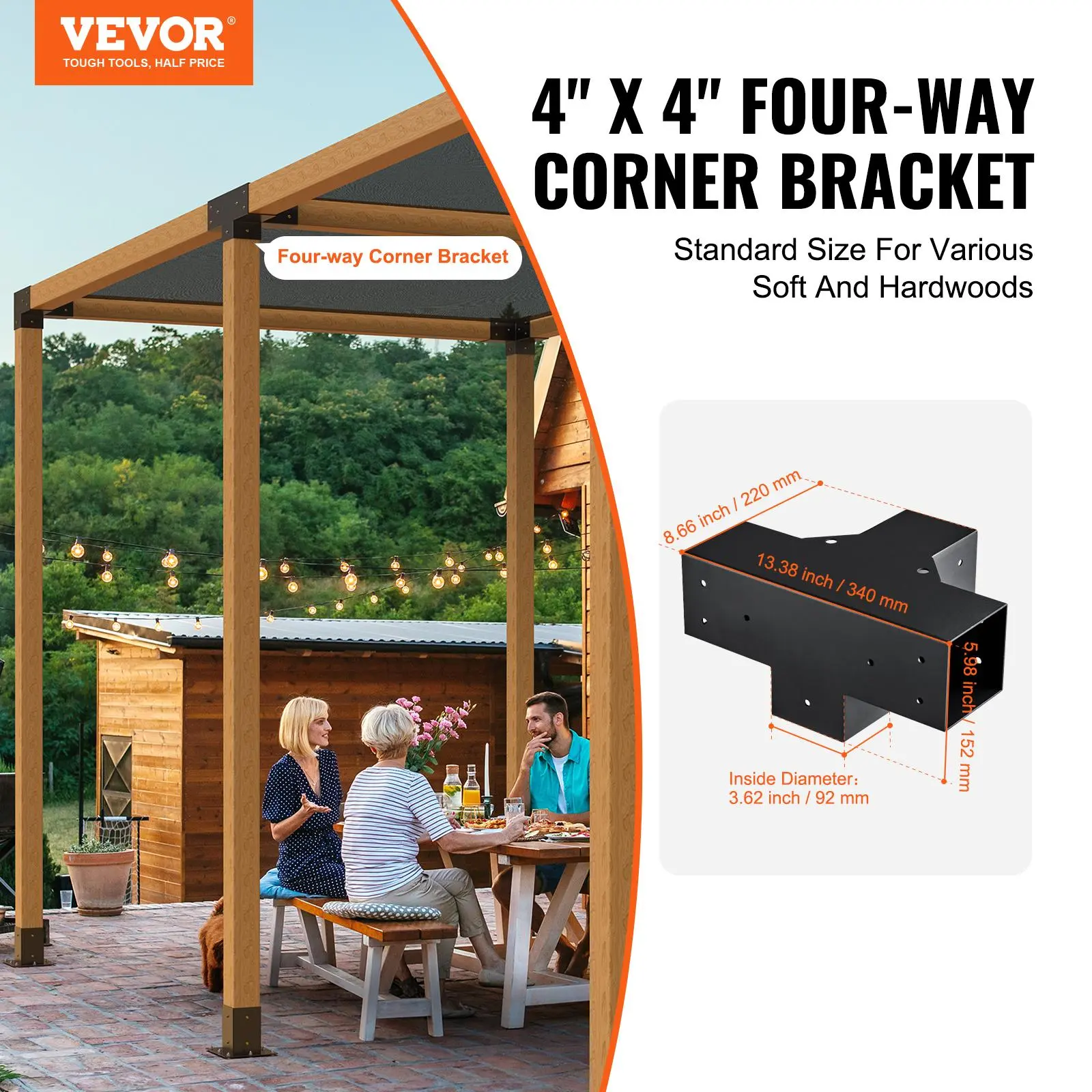 VEVOR 4"x4" Pergola Bracket Kit (Inner Size 3.6"x3.6") - 2 Steel Pergola Brackets, Carbon Steel 4-Way Heavy Duty Corner Units with Drill Tail Screws & Bolts, Easy-Install Rainproof Base for Garden Patio Deck Woodworks DIY Post Outdoor Furniture Add-On