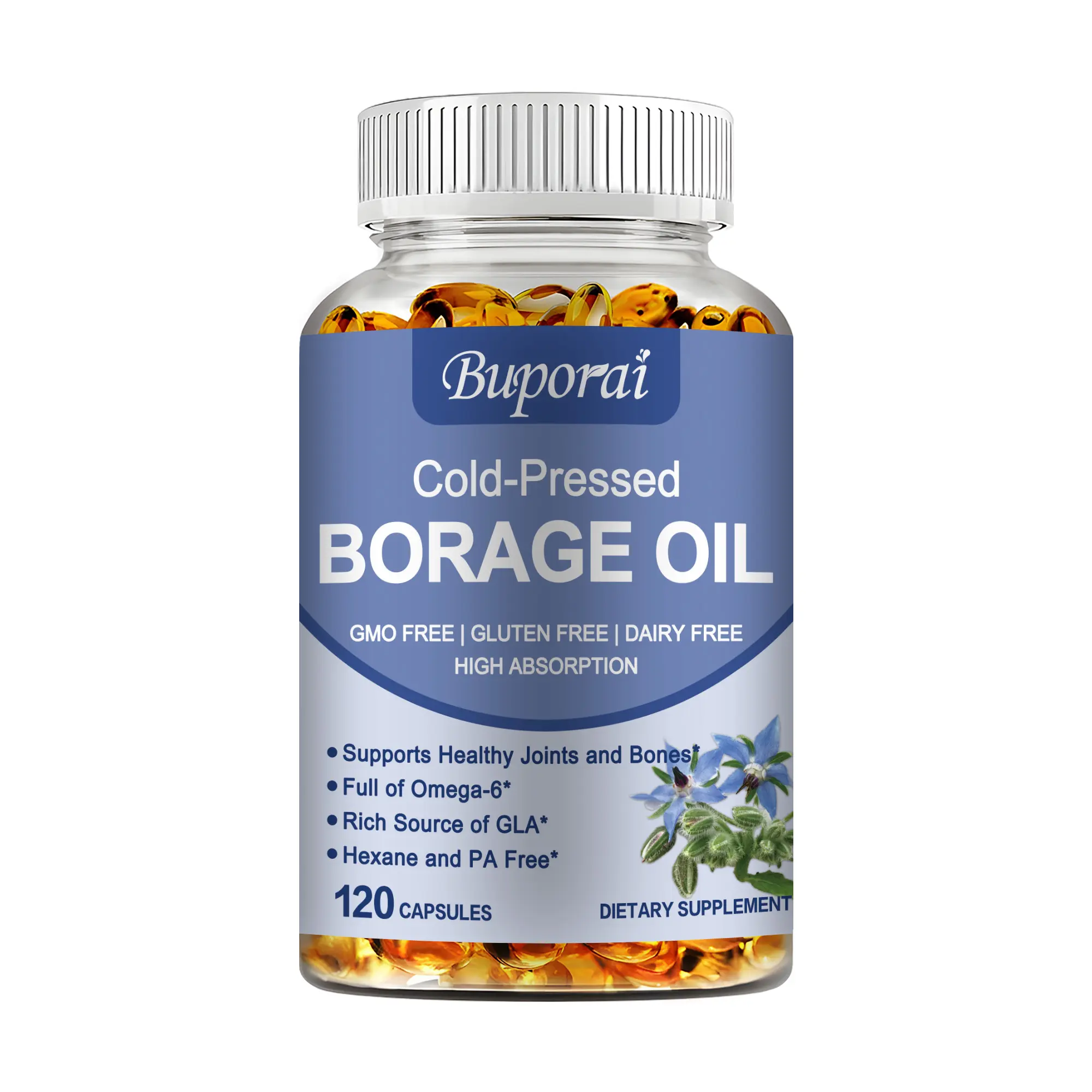 Buporai Edible Borage Oil Dietary Supplement for Adults - 120 Capsules, 1000 mg, Glycerin-Infused Gamma-Linolenic Acid Source, 24-Month Shelf Life, US-Compliant, Skin-Friendly, Supports Skin Care, Hair Health, Bone Health (No Artificial Additives), 24 Mon