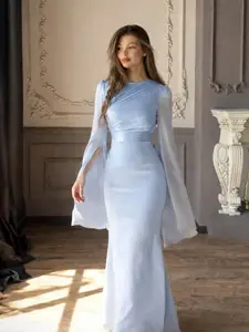 Light Blue Patchwork Glass Satin Long Sleeve Bodycon Dress, Elegant Plain Design, Perfect for Parties and Special Occasions