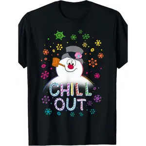 Women's Black Frosty Snowman Chill Out Tee Vintage Graphic Soft Summer Shirt For Christmas