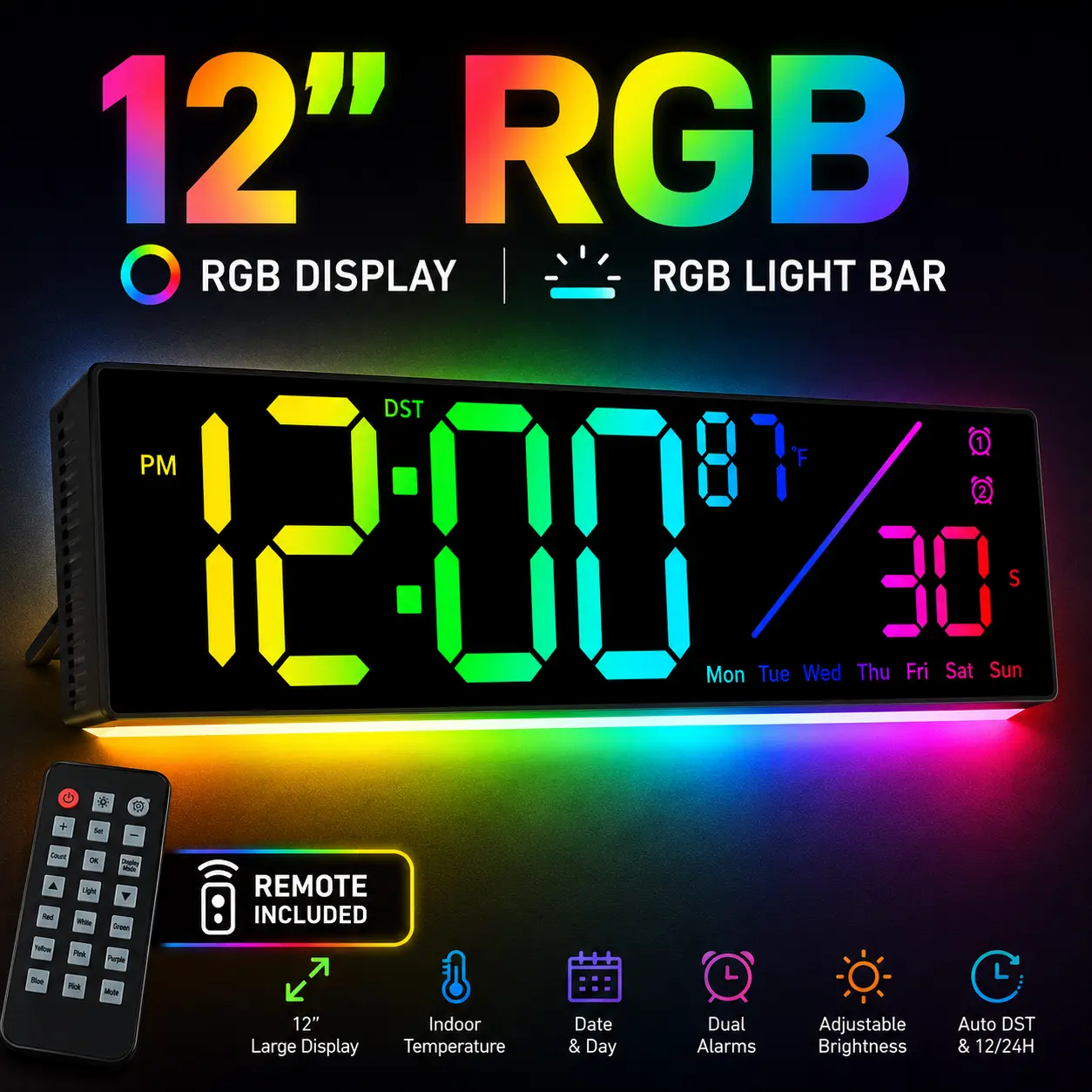 12 inch Large Digital Desk Clock with 10-Level Auto-Dimming, Bottom RGB Color Changing Light, Countdown Timer, Dual Alarms, Temperature and Humidity Display, Night Light for Office Home, Christmas Gifts