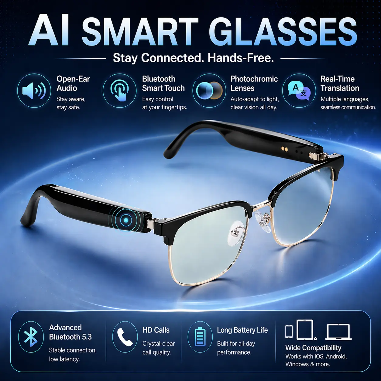 AI Smart Translation Glasses Real-Time Translation Touch Control Auto-Dim for Travel Work Wearable with Bluetooth 5.3 & HD Calls